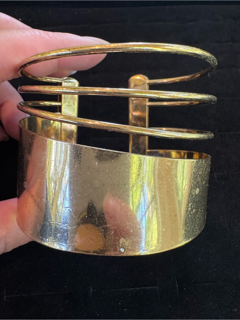 Gold Tone Wide Cuff Bracelet Open Wire Statement Modernist Fashion Jewelry